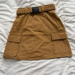 Utility Mini Skirt with Buckle Waist in Camel Brown